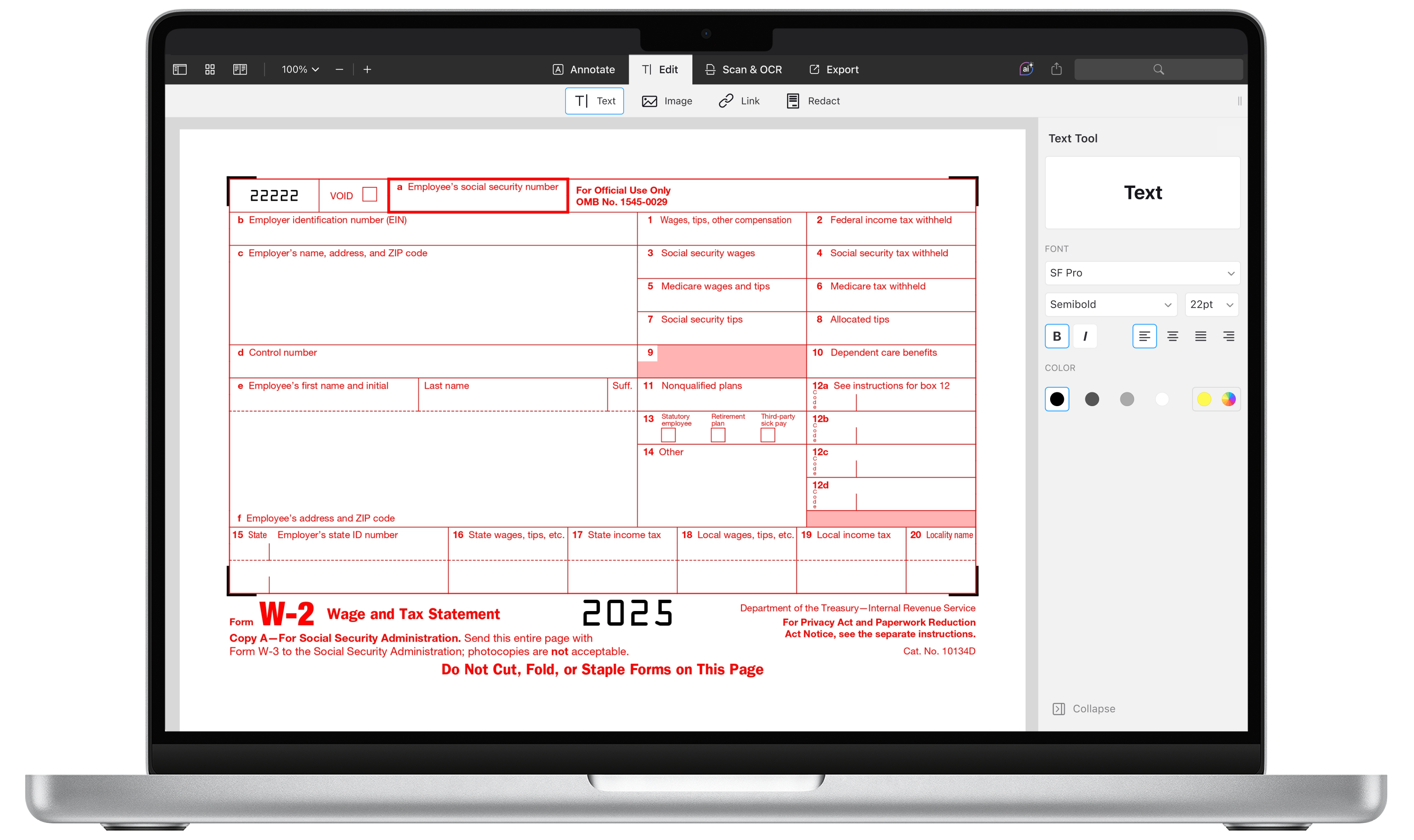 Screenshot of IRS W2 Form PDF in PDF Expert on Mac