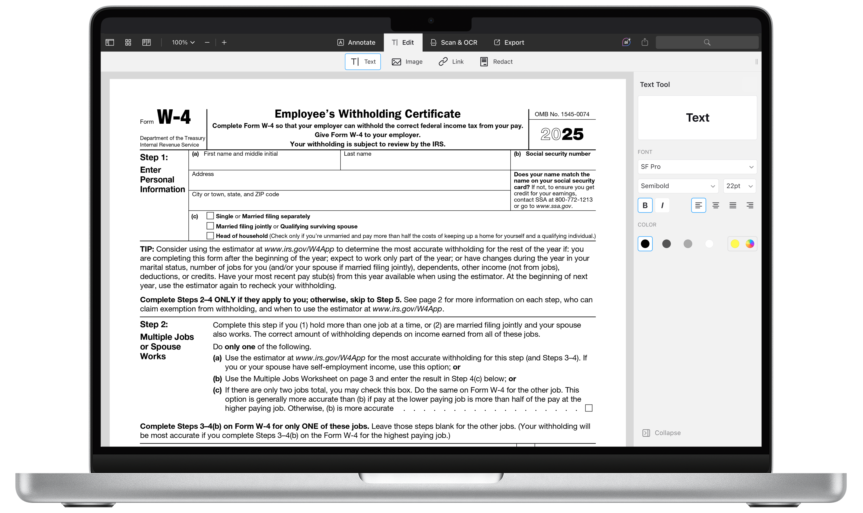 2023-2024 IRS 表单 W-4 PDF 雇员预提证明